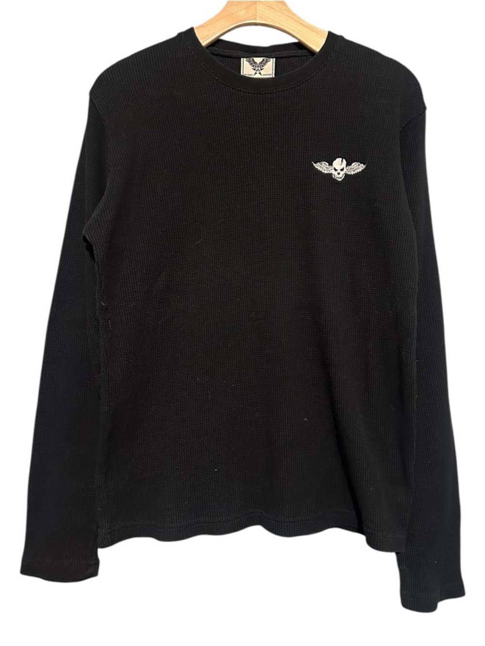 Avirex Y2K Men’s Size M Black Waffle Knit Skull Embroidered Thermal Tee T-Shirt